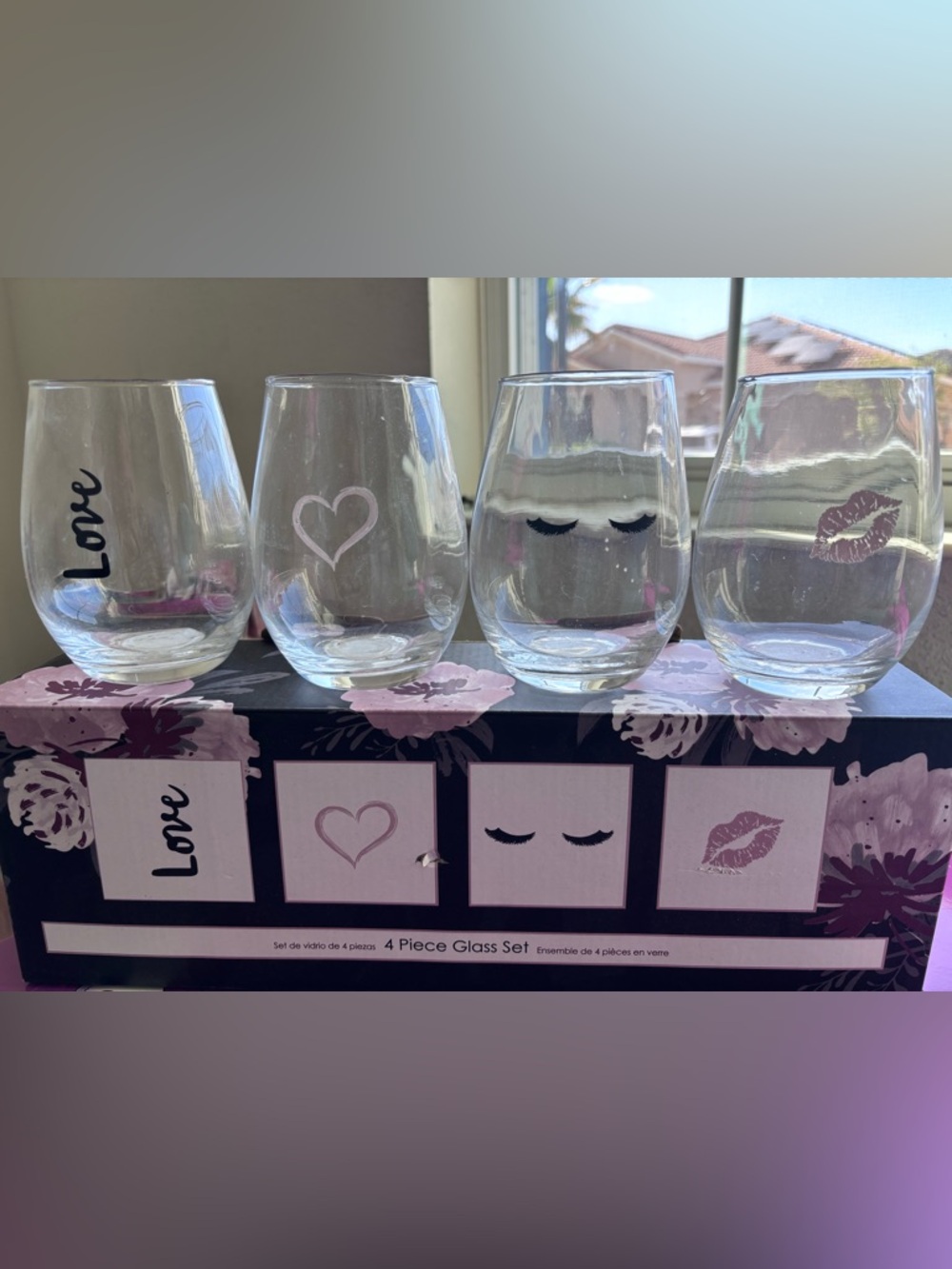 Love Stemless Wine Glasses - Black and Pink Accent Set of 4